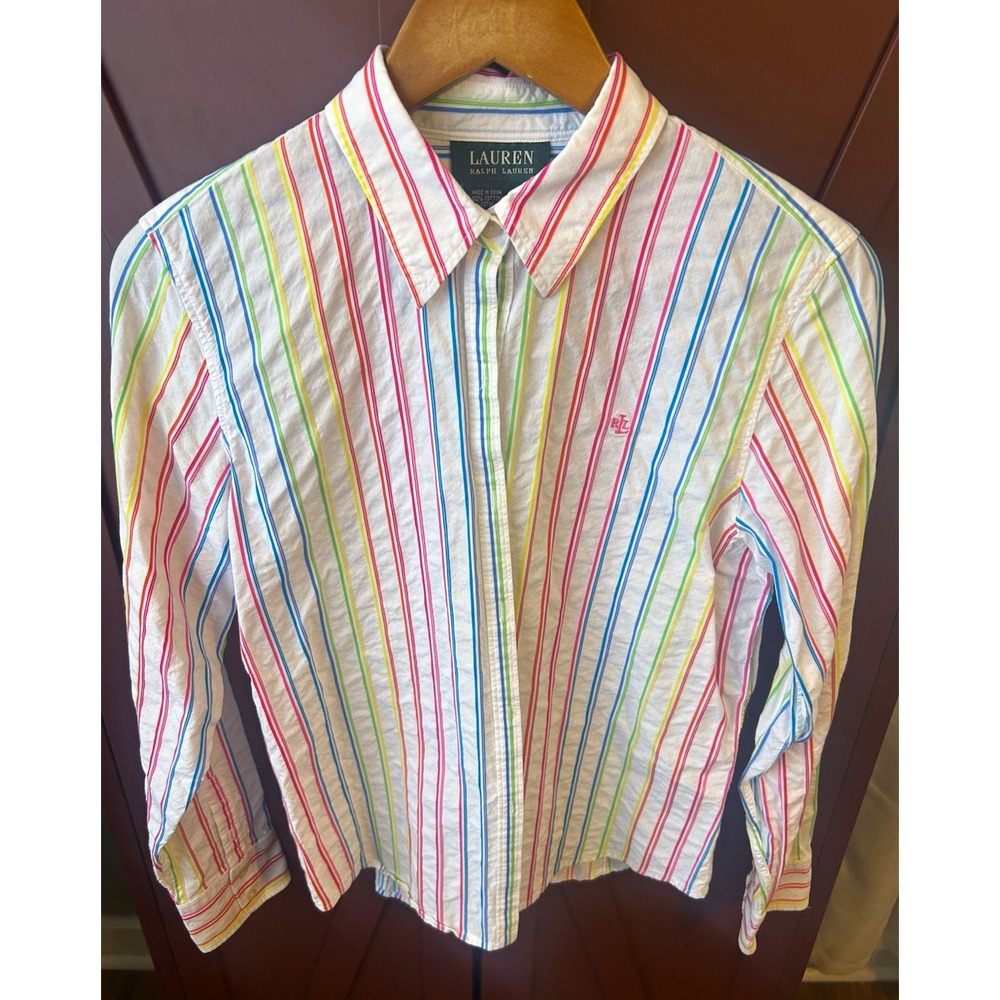 Lauren Ralph Lauren Women's M White Multicolor Stripe Button Down Shirt